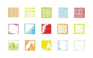 Chalk color squares and boxes. Crayon hand drawn pencil frames. Charcoal brush straight texture. Scribble squares with different filling, full and with horizontal or vertical lines. Kids vector