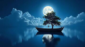 Night Sky with Full Moon and a Tree in a Boat video