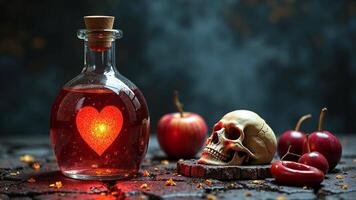 A bottle filled with a glowing heart, a skull, and apples in front of a dark background. video
