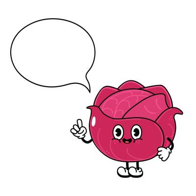 Cute cartoon character of a Red Cabbage with a speech bubble.. hand drawn traditional cartoon vintage,retro, kawaii character illustration icon. Isolated white background. Red Cabbage character
