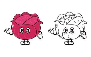 Funny cute happy red Cabbage characters bundle set. hand drawn cartoon kawaii character illustration icon. Cute red Cabbage. Outline cartoon illustration for coloring book vector