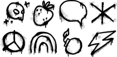 Urban art set featuring a hippie inspired speech bubble,ightning sign, bomb, skull design, snowflake, strawberry, scull. Drippy paint and splatter effects distressed style. vector