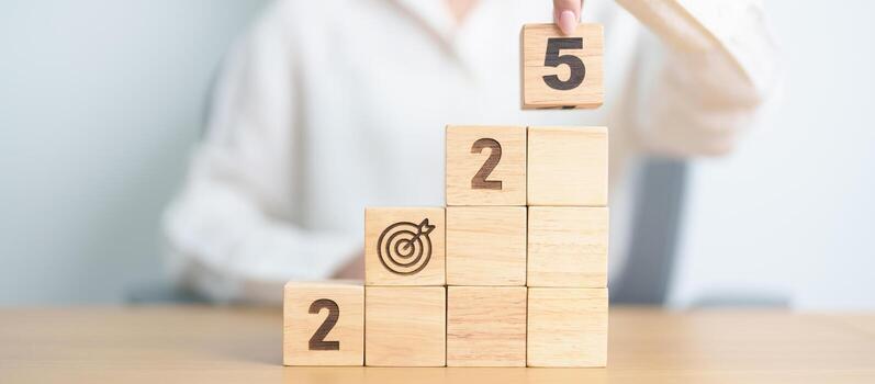 2025 year block with dartboard icon. Goal, Target, Resolution, strategy, plan, Action, mission, motivation, and New Year start concepts photo