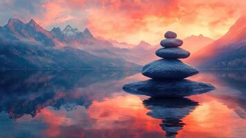 Stacked stones creating harmony and balance in a mountain lake at sunset photo