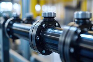 Industrial pipeline system with flanges and valves connecting pipes in factory setting photo