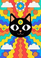 Psychedelic Cosmic Cat with Colorful Retro Waves and Celestial Elements vector