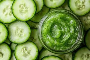 Organic cucumber face mask surrounded by fresh cucumber slices photo