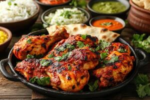 Spicy tandoori chicken served with fragrant basmati rice and naan bread photo