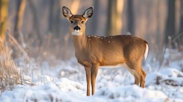 Young white-tailed deer standing in the snow on a sunny winter day photo