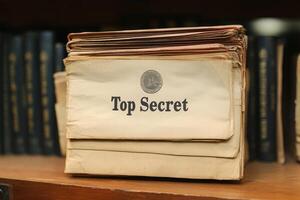 Stack of old top secret documents sitting on a shelf photo