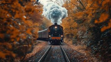 Old steam train running on rails through autumn forest photo