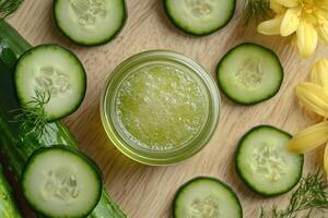 Cucumber face mask surrounded by cucumber slices and flowers on table photo