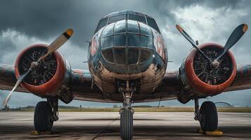 Old vintage airplane standing on a concrete airfield with cloudy sky photo