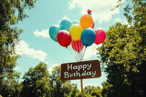 Colorful balloons floating with happy birthday sign in nature photo