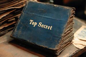 Top secret dusty dossier lying on wooden desk with stack of papers photo