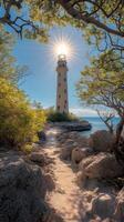 Sun shining above a white lighthouse on a tropical island photo