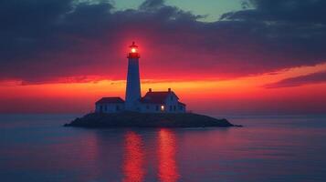 Lighthouse shining its beacon at sunset over a red sky photo