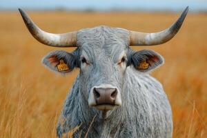 Grey cattle with big horns standing in the field photo