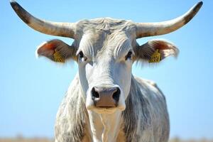 White cow with identification tags is starring at camera in pasture photo