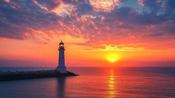 White lighthouse standing on breakwater in ocean at scenic sunset photo