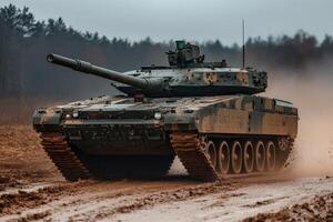 Modern battle tank driving on mud terrain during military exercise photo