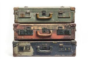 Three old stacked suitcases isolated on white background photo