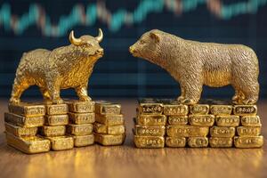 Bull and bear standing on stacks of gold bars facing each other with stock chart in background photo