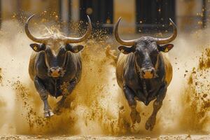 Two powerful bulls running and kicking up dust in a bullring photo