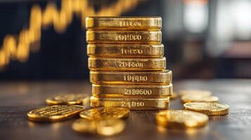 Gold bars stacked high representing increasing wealth with stock market graph showing growth in background photo