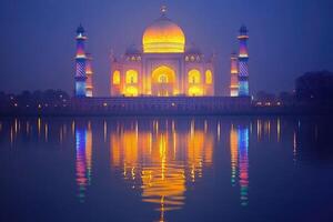 Taj mahal reflecting in water at twilight in agra, india photo