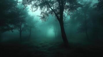Sunlight shining through fog and trees in a dark forest photo