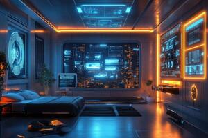 Futuristic bedroom overlooking city with hud interface showing data analysis photo
