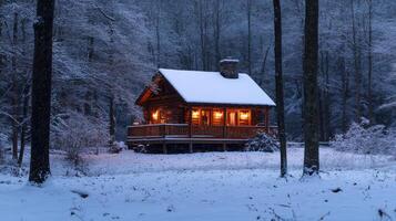 Small log cabin glowing in snow covered forest at twilight photo