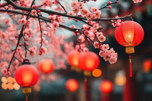 Red lanterns hanging from blooming sakura branches during chinese new year celebration photo
