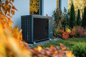 Modern heat pump system installed outside a residential building photo