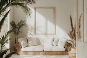 Sunlight casting shadows over a rattan sofa with blank picture frame in a tropical minimalist living room photo