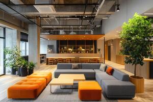 Modern open space office lounge area with nobody relaxing on the couch photo