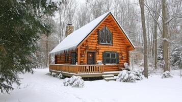 Beautiful log cabin surrounded by snow covered trees in winter photo