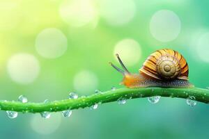 Snail crawling on a dewy green leaf in a bokeh background photo