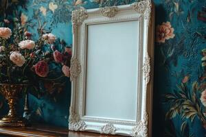 Elegant white baroque frame displaying a blank canvas with bouquet of roses on a wooden table photo
