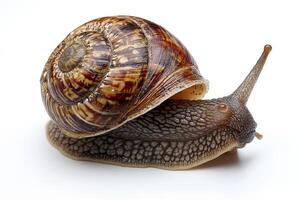 Garden snail sliding on white background showing its shell and tentacles photo