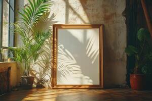Empty frame mockup leaning on concrete wall in room with plants and sunlight creating shadows photo
