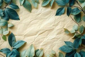 Green leaves bordering wrinkled beige paper background creating copy space photo