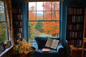 Open book resting on armchair by window overlooking autumn forest photo