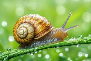 Snail crawling on a dewy green stem in a bokeh background photo
