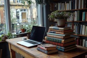 Laptop and stack of old books resting on rustic wooden table in cozy home library photo
