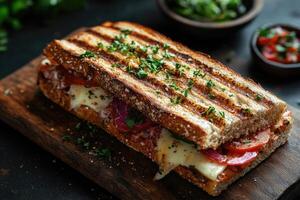 Tasty panini with melted cheese, tomato, onion, bacon and herbs on wooden board photo