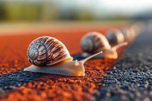 Snails crawling on running track competing in a race photo