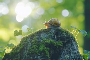 Snail crawling on mossy tree trunk in forest photo