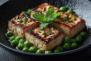 Fried tofu with green peas and mint on black plate photo